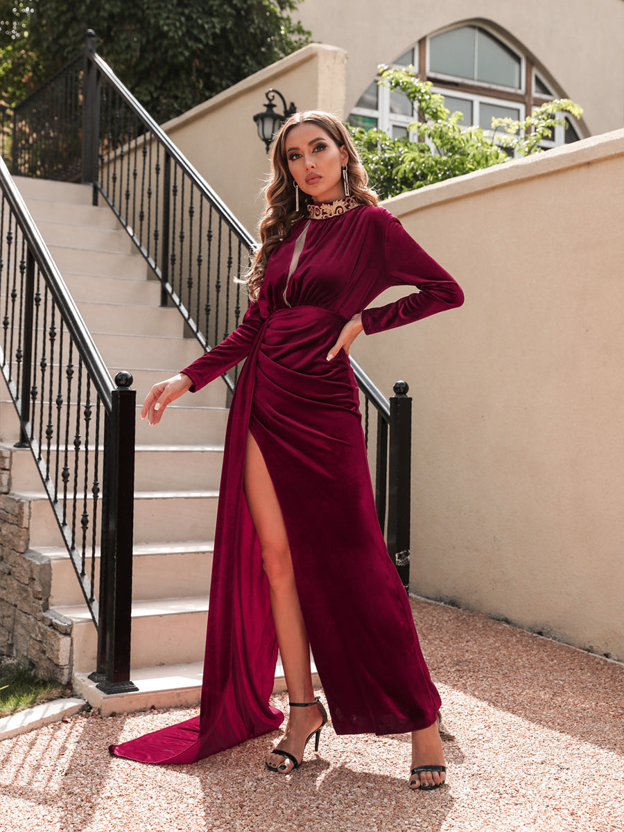 Vireous Women's Long-Split Velvet High-Neck Evening Dress