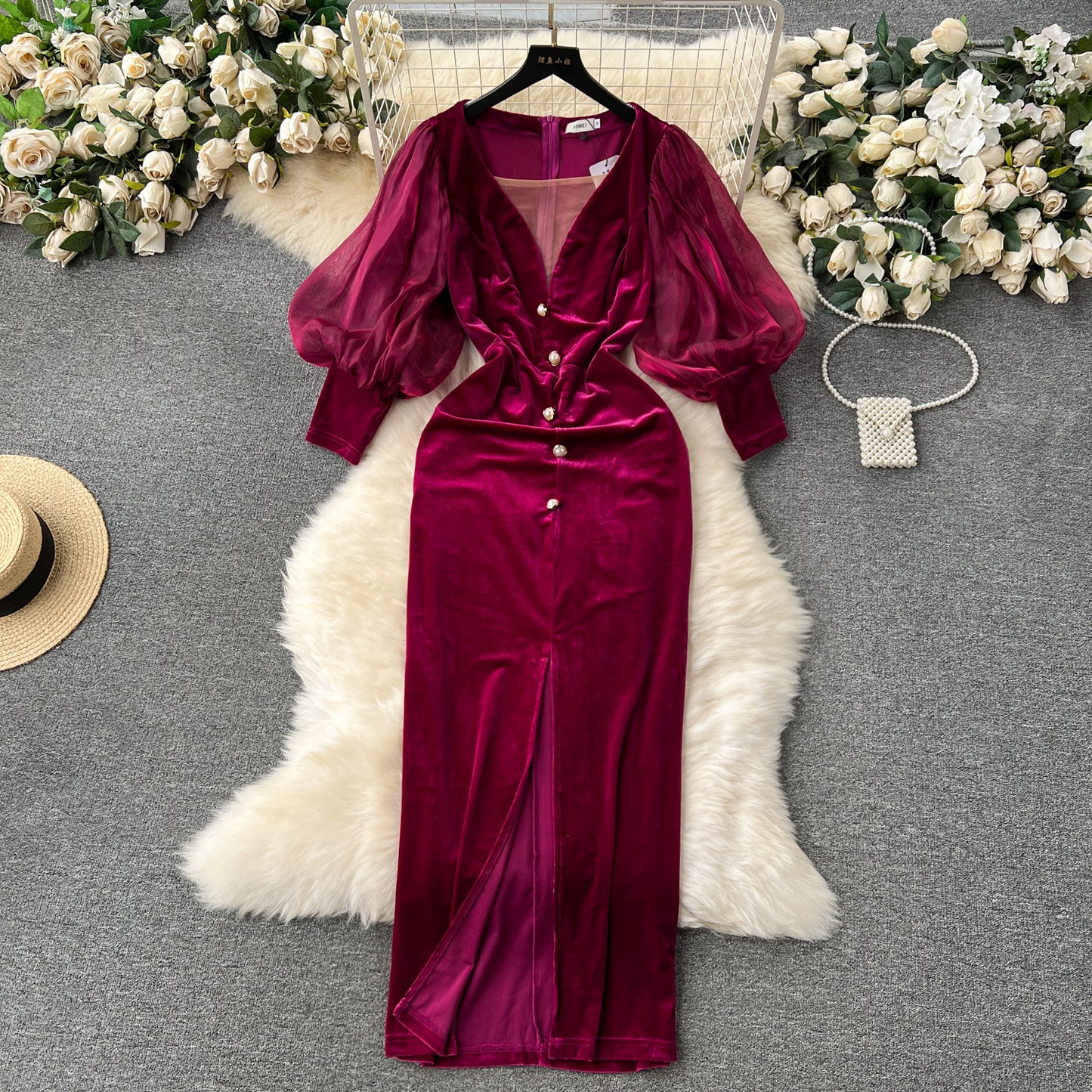 Vireous Vintage Velvet Dress, Lantern Sleeves Court-Style Midi Dress