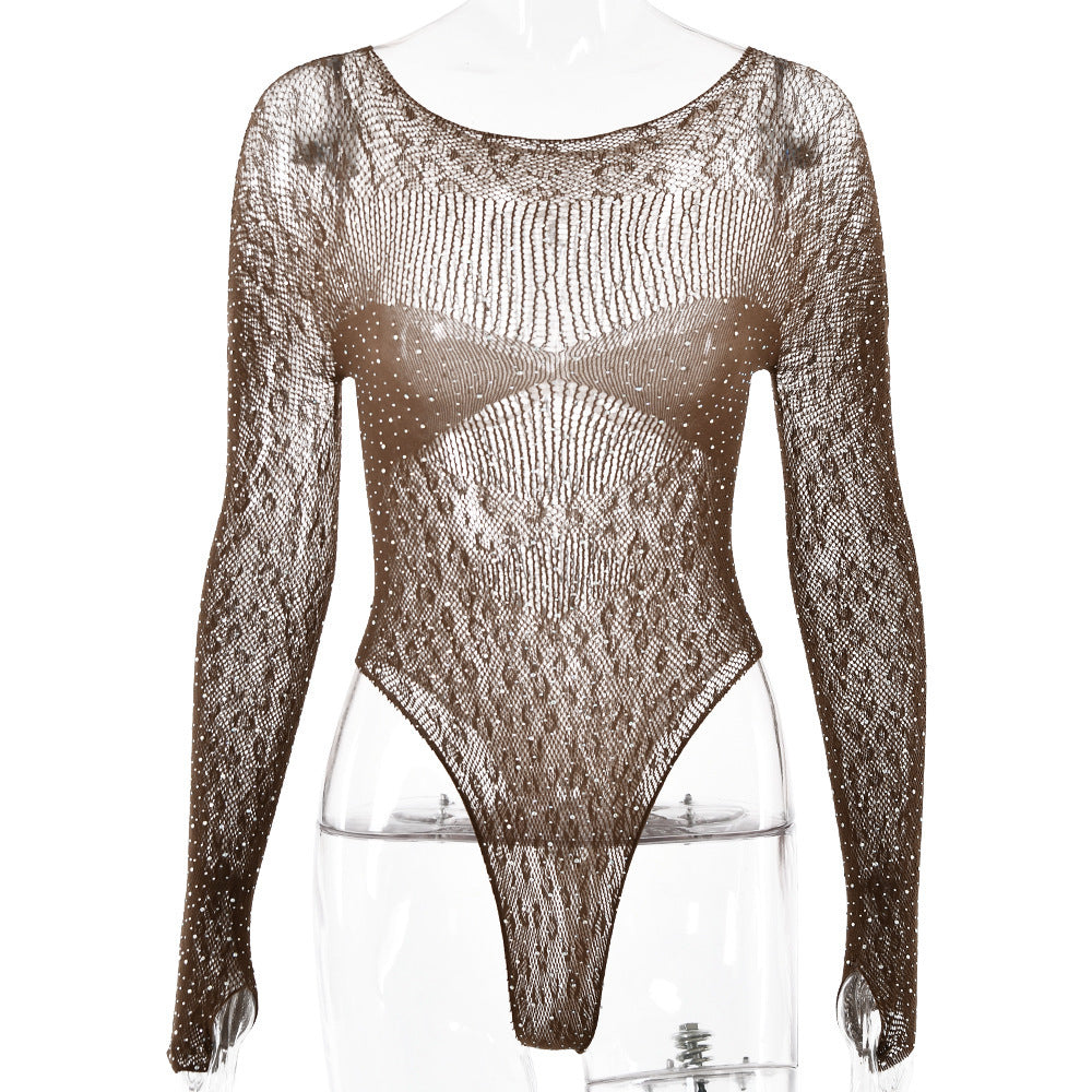 Women's Jumpsuit,Tight High Elastic Knitted Sheer Long Sleeves