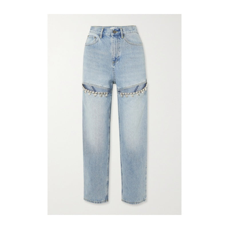 Women's Crystal Decorated High-Waist Straight Leg Jeans