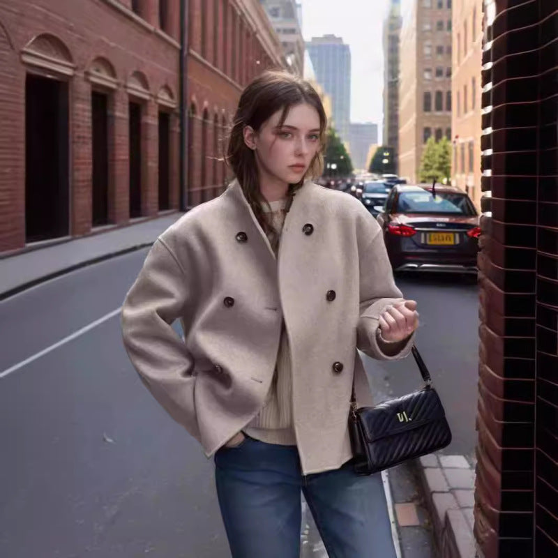 Vireous Women's Solid Colour Woollen Coat, British-Style Minimalist Short Coat