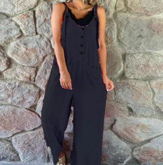 Linen Casual Button Suspender Women's Pants Suit, Plus Sizes