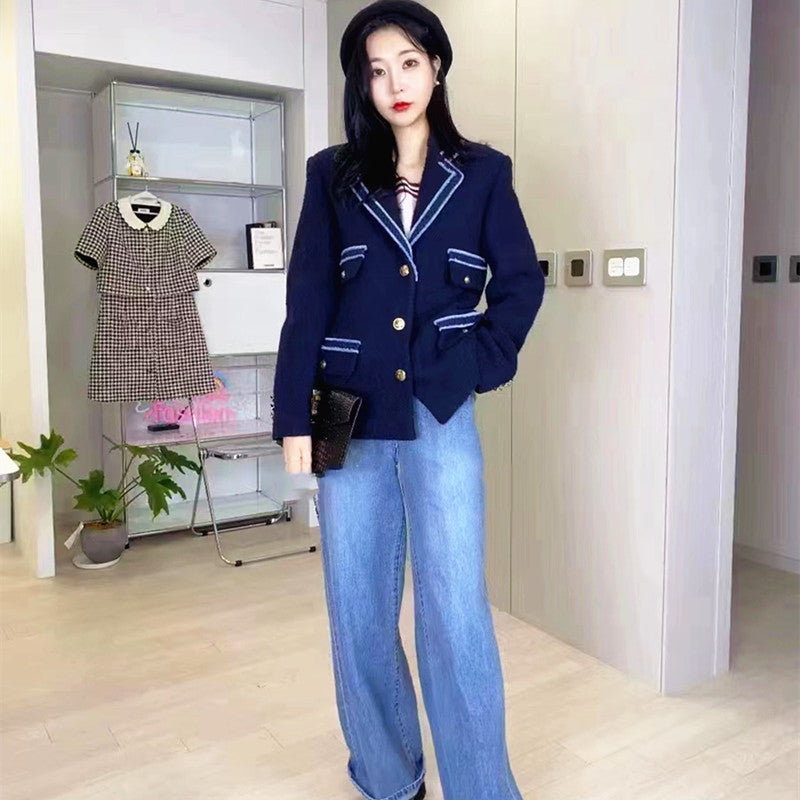 Vireous Blue Contrast-Piping Tweed Women's Luxury Blazer Jacket