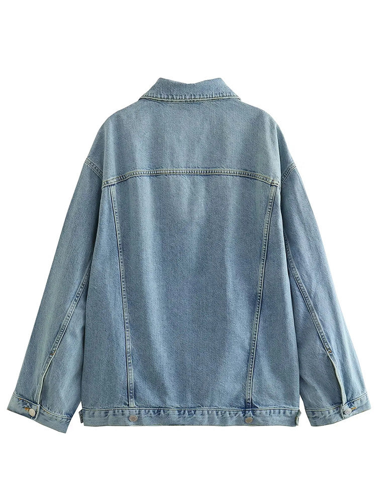 Retro Collar Women's Denim Jacket Coat Set with Pants