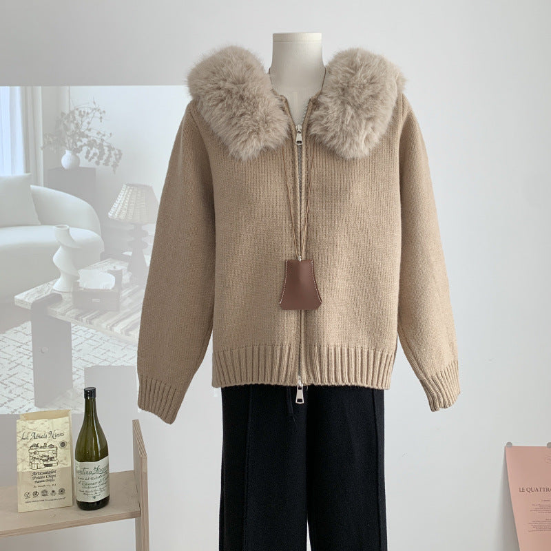 Vireous Fur Hooded Short Women's Fashion Knitted Cardigan