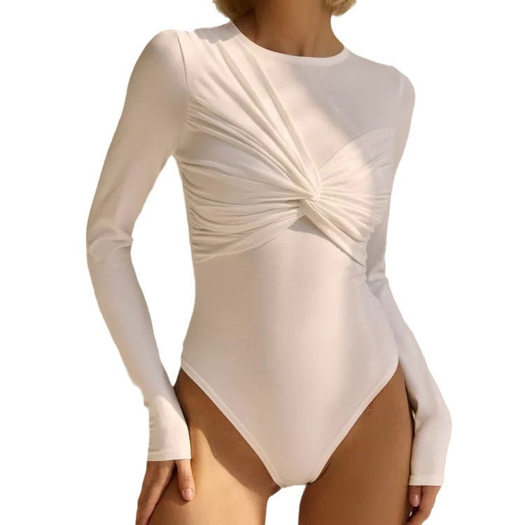 Women's Ruched Round-Neck Long Sleeve Tight Jumpsuit