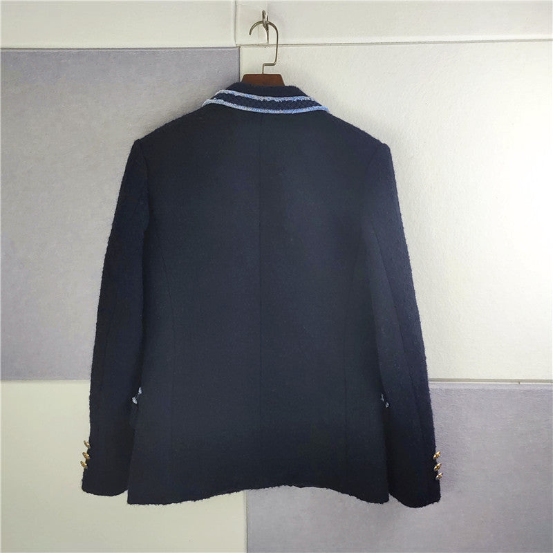 Vireous Blue Contrast-Piping Tweed Women's Luxury Blazer Jacket
