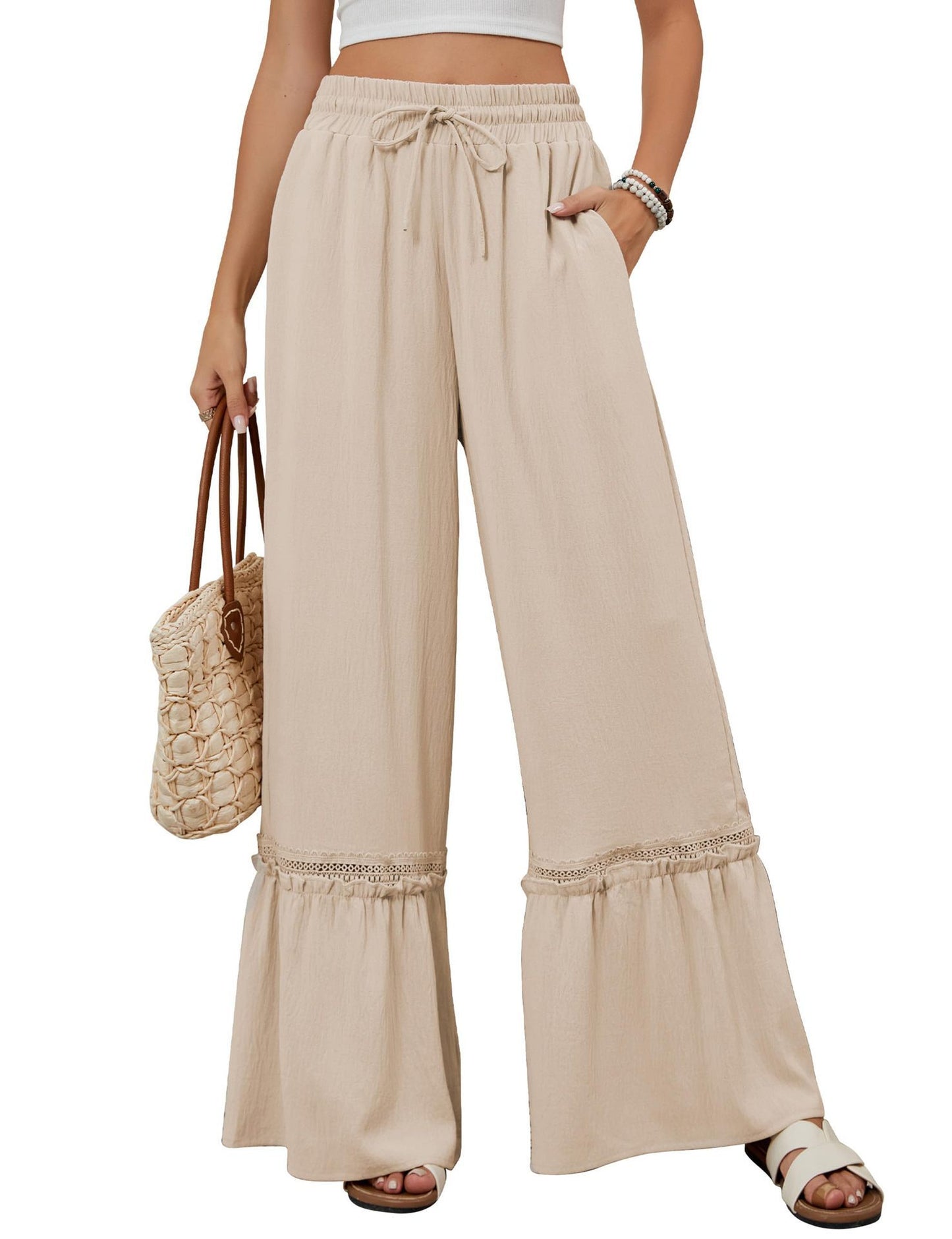 High-Waist Casual Pants, Women's Drawstring Wide-Leg Trousers