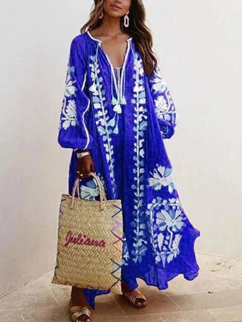 Vireous Floral Print A-Line Loose Dress, Spring and Autumn Collection