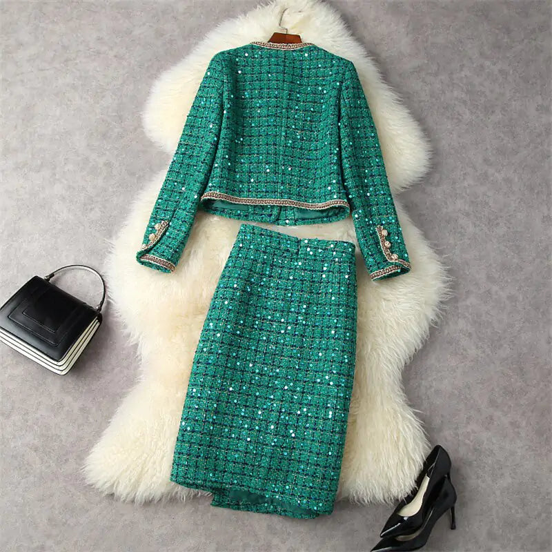 Vireous Green Tweed Jacket and Skirt Set, Winter Catwalk Collection