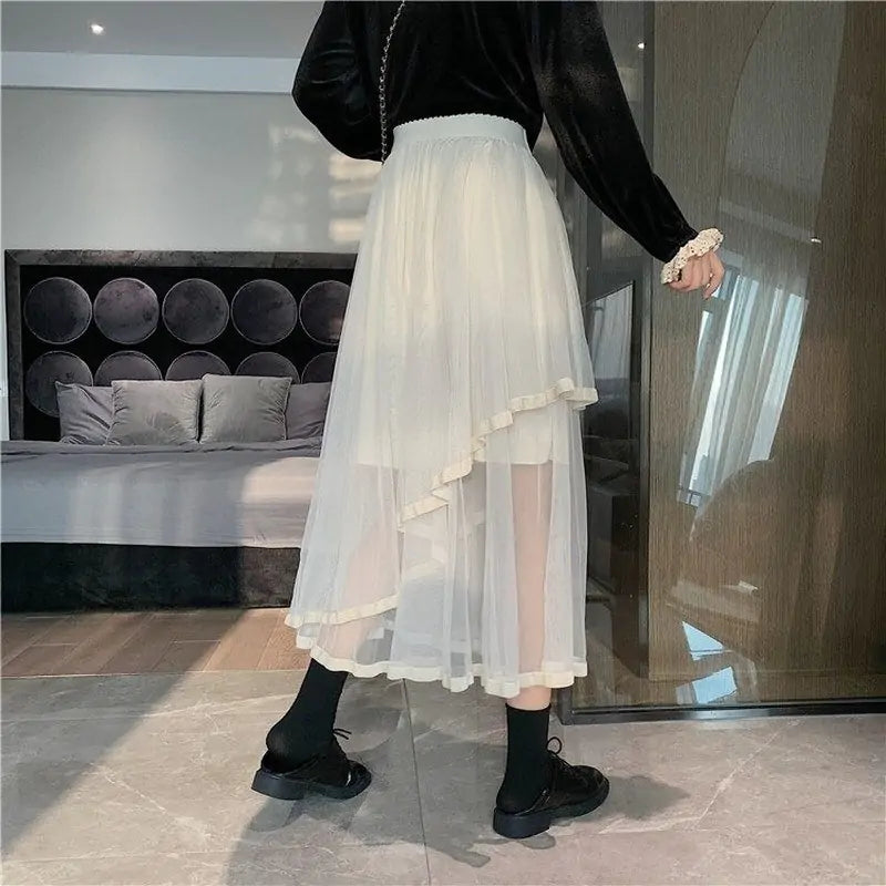 Vireous Women's Asymmetrical Mesh Hipster Skirt