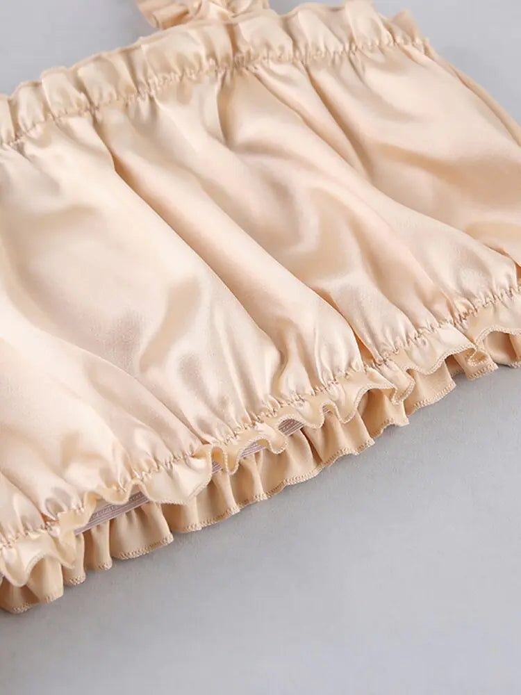 Vireous Two-Piece Set, Ruffle Spaghetti Strap Summer Vacation Style, Satin Top and Shorts