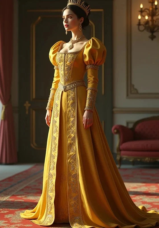 'Medieval Queen' Gold Prom Dress, Embroidered Evening Gown