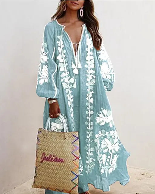 Vireous Floral Print A-Line Loose Dress, Spring and Autumn Collection