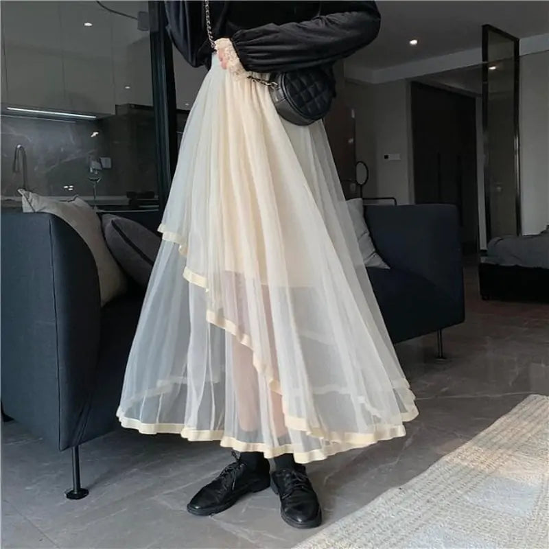 Vireous Women's Asymmetrical Mesh Hipster Skirt