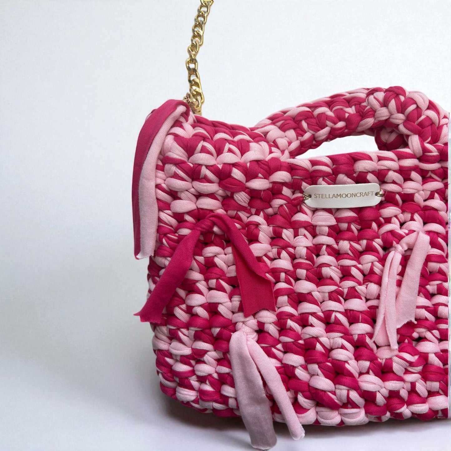 Pink Handmade Crochet Handbag with Gold Chain Strap