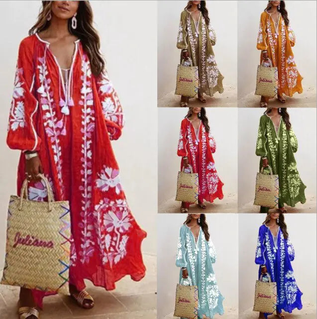 Vireous Floral Print A-Line Loose Dress, Spring and Autumn Collection