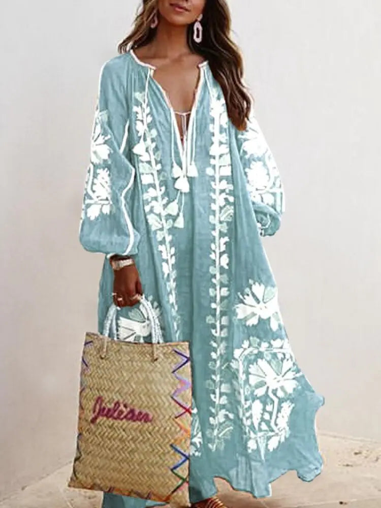 Vireous Floral Print A-Line Loose Dress, Spring and Autumn Collection