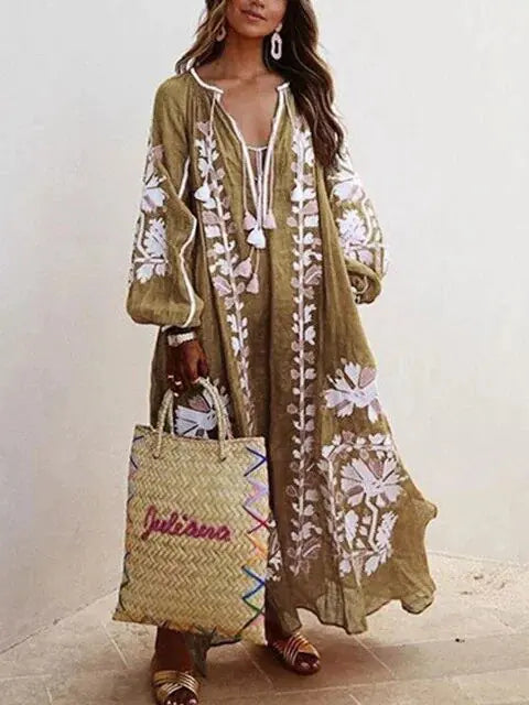 Vireous Floral Print A-Line Loose Dress, Spring and Autumn Collection