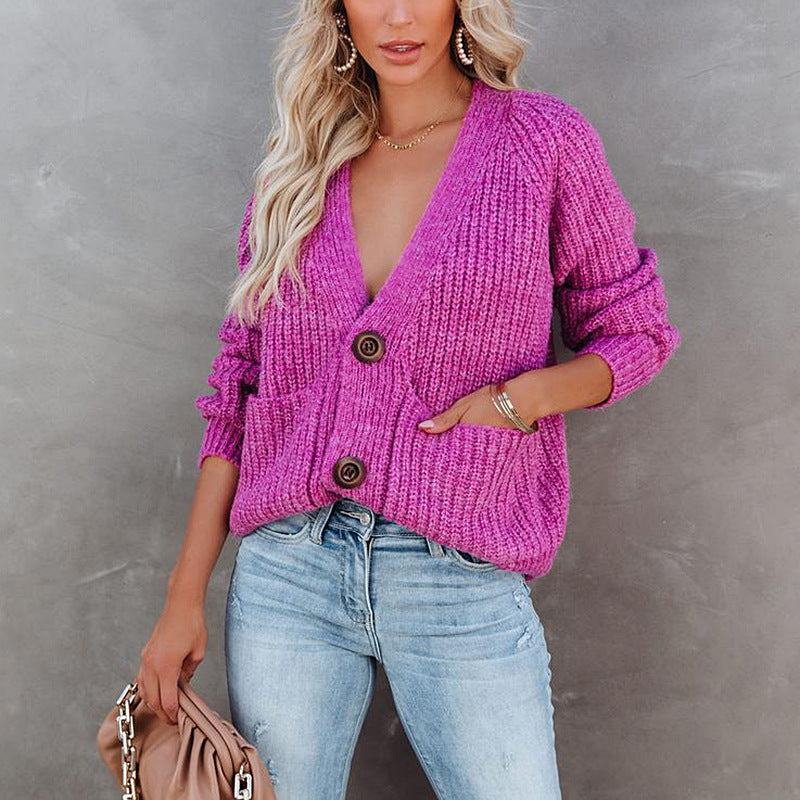 Vireous Solid Colour Cardigan Single-Breasted Long-Sleeved Sweater Coat