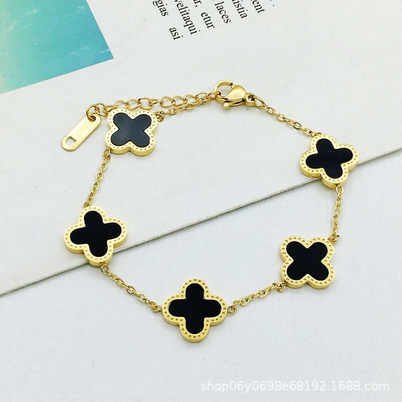 Four Leaf Flower Necklace Earrings Bracelet Set, Titanium