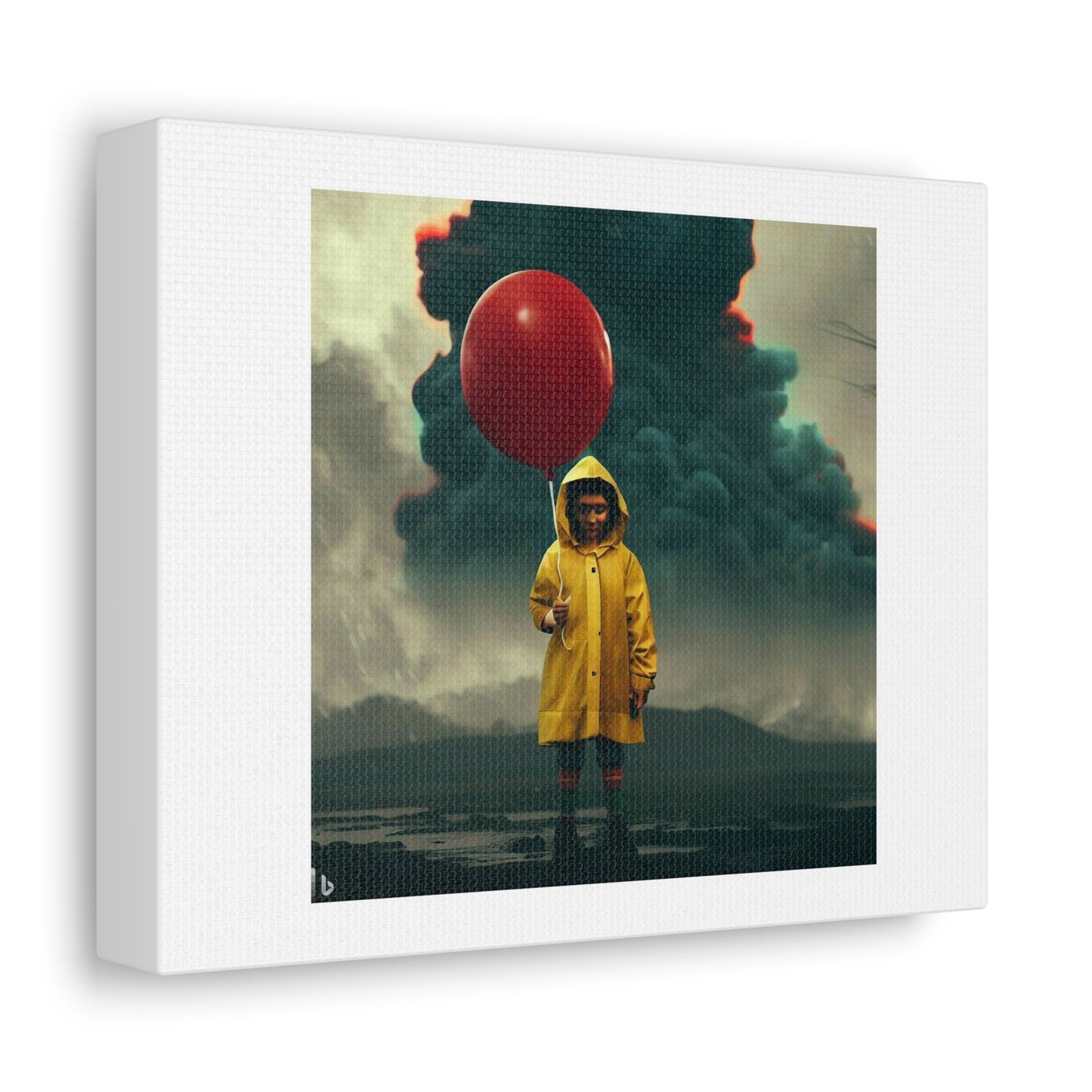 Boy Wearing Yellow Rain Coat Holding a Red Balloon in Front of a Smoking Volcano digital art 'Designed by AI' on Canvas