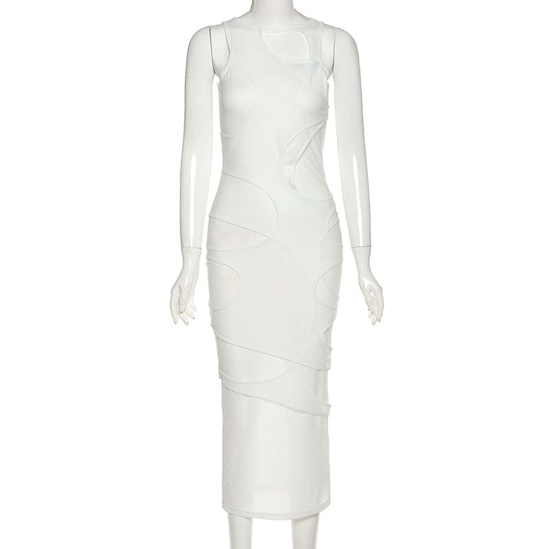 Vireous Sleeveless Round-Neck Mesh Maxi Dress