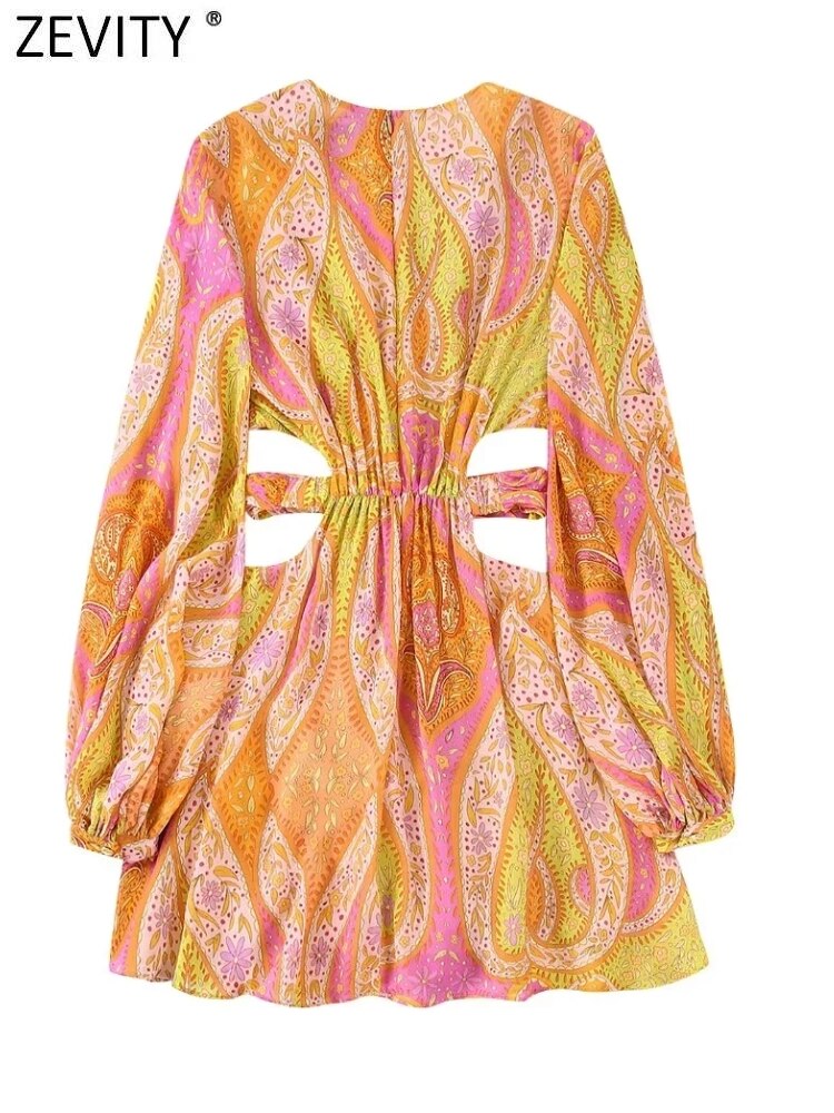 Zevity® Women's Vintage V-Neck Tie-Dyed Print Breasted Casual Slim Mini Shirt Dress