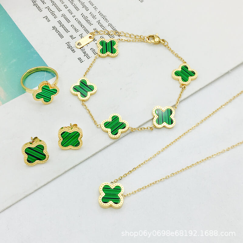 Four Leaf Flower Necklace Earrings Bracelet Set, Titanium