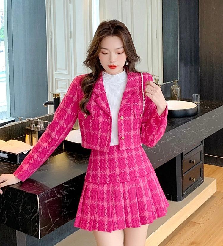 Vintage Pink Tweed Women's Two-Piece Set