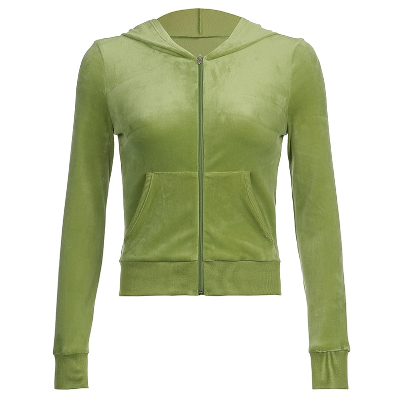 Women's Velvet Full-Zip Crop Top Retro Hoodie
