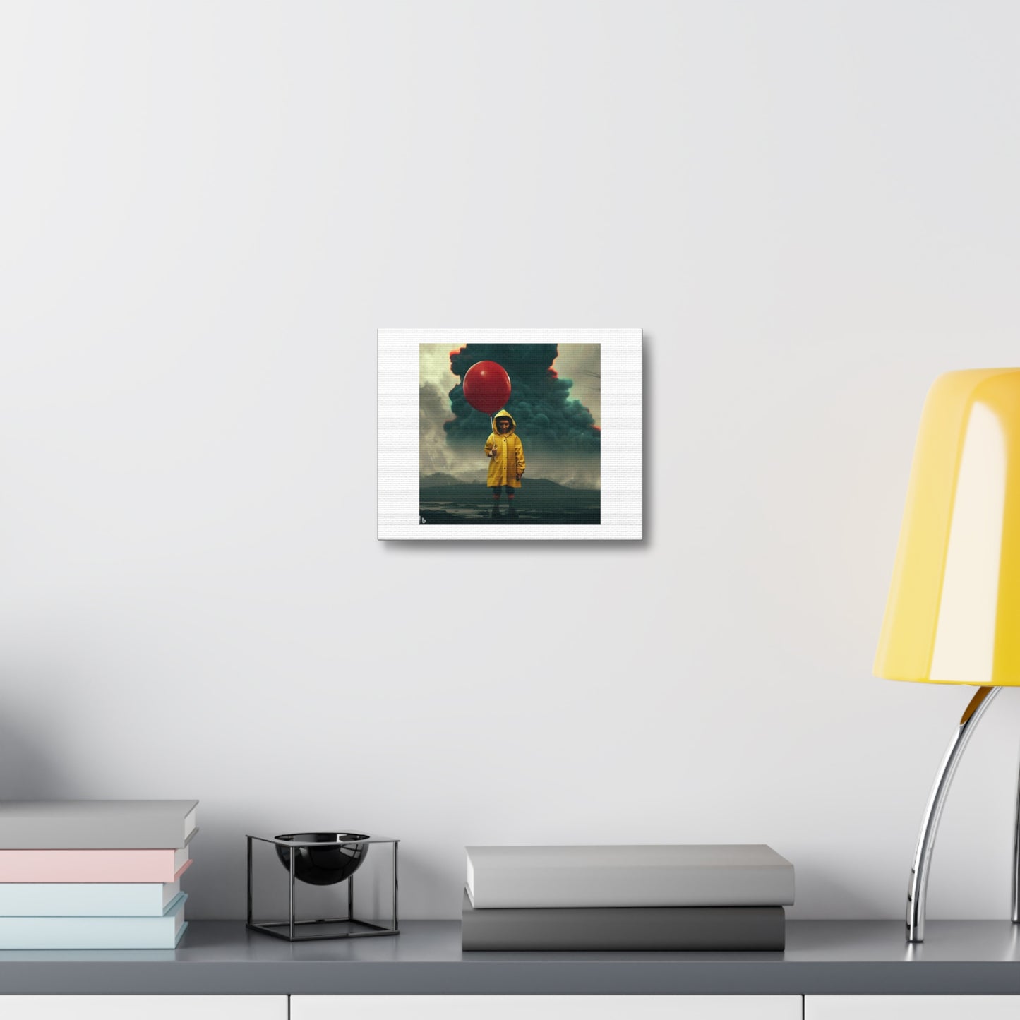 Boy Wearing Yellow Rain Coat Holding a Red Balloon in Front of a Smoking Volcano digital art 'Designed by AI' on Canvas