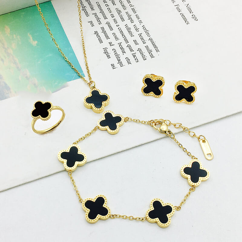 Four Leaf Flower Necklace Earrings Bracelet Set, Titanium