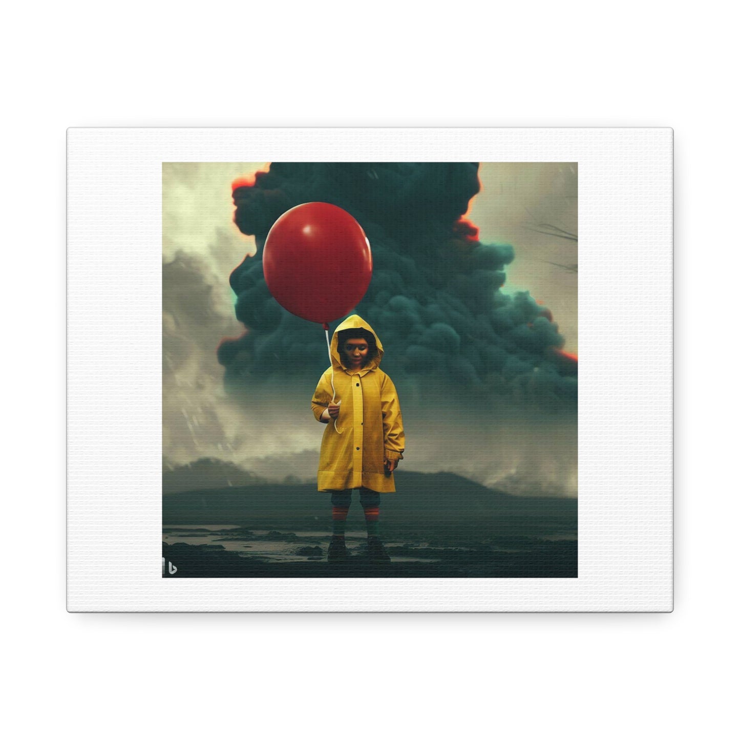 Boy Wearing Yellow Rain Coat Holding a Red Balloon in Front of a Smoking Volcano digital art 'Designed by AI' on Canvas