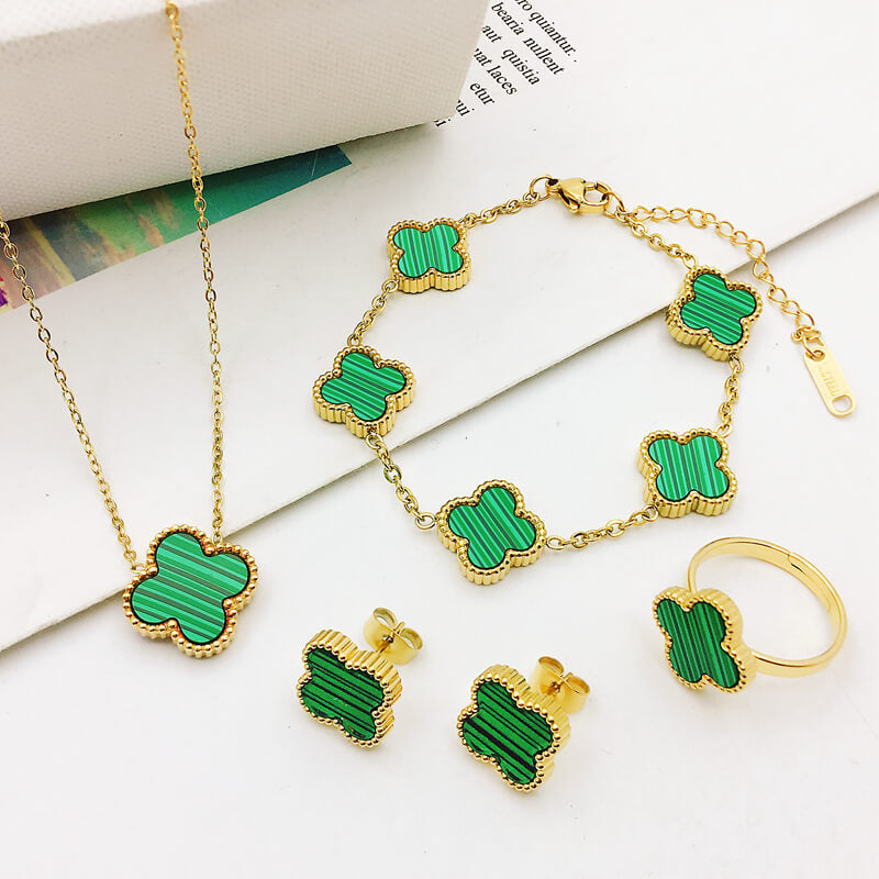 Four Leaf Flower Necklace Earrings Bracelet Set, Titanium