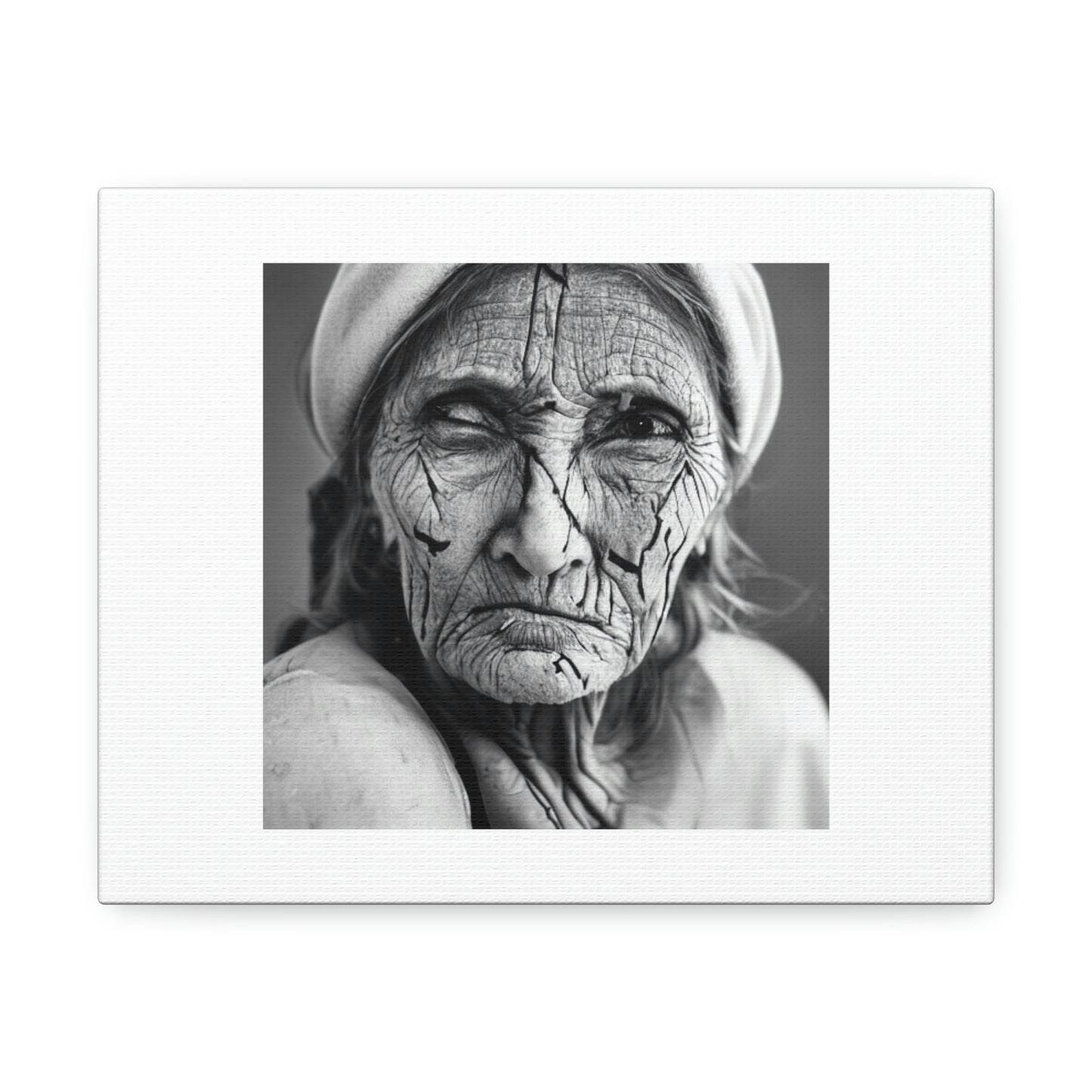 Old Woman's Face With Scars Digital Art 'Designed by AI' on Satin Canvas