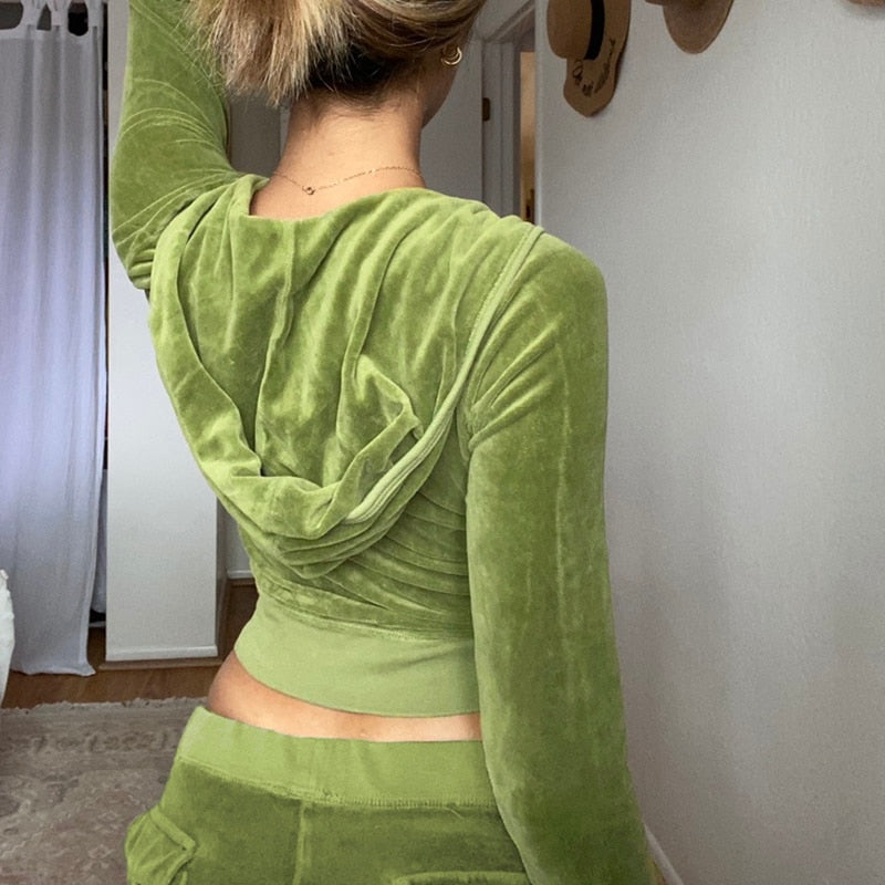 Women's Velvet Full-Zip Crop Top Retro Hoodie