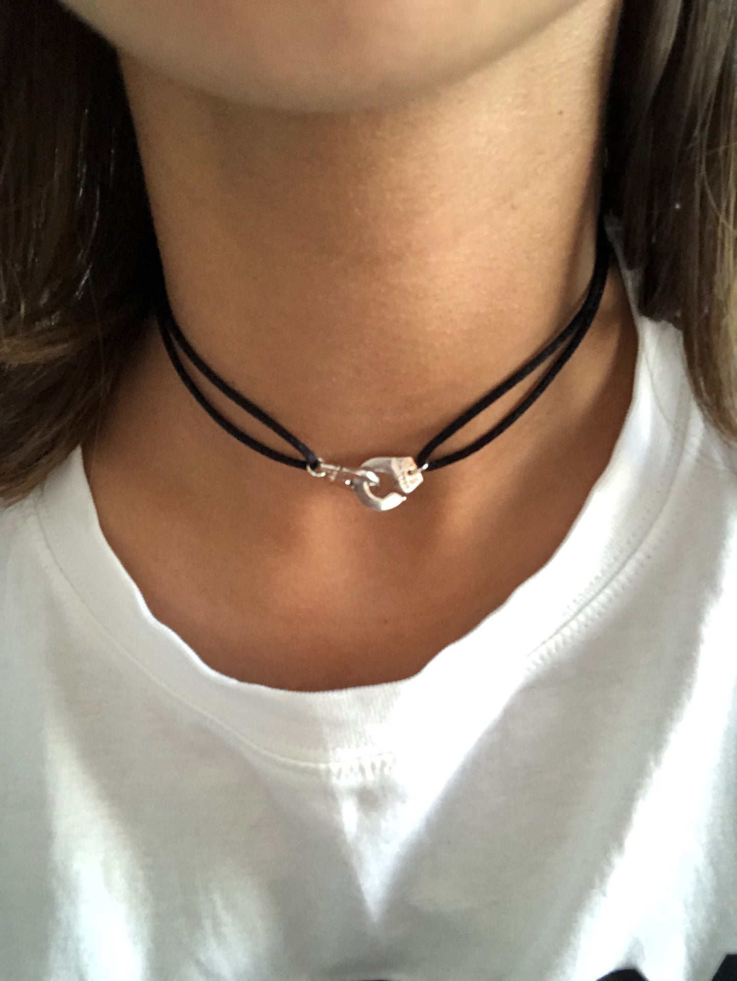 Handcuff Pendant Necklace, 925 Sterling Silver with Adjustable Cord