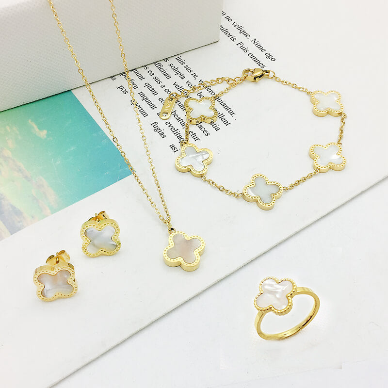 Four Leaf Flower Necklace Earrings Bracelet Set, Titanium