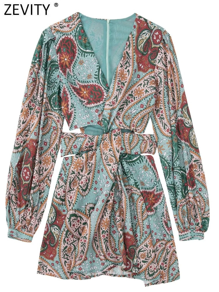 Zevity® Women's Vintage V-Neck Tie-Dyed Print Breasted Casual Slim Mini Shirt Dress