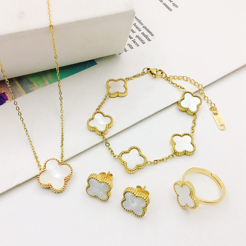 Four Leaf Flower Necklace Earrings Bracelet Set, Titanium
