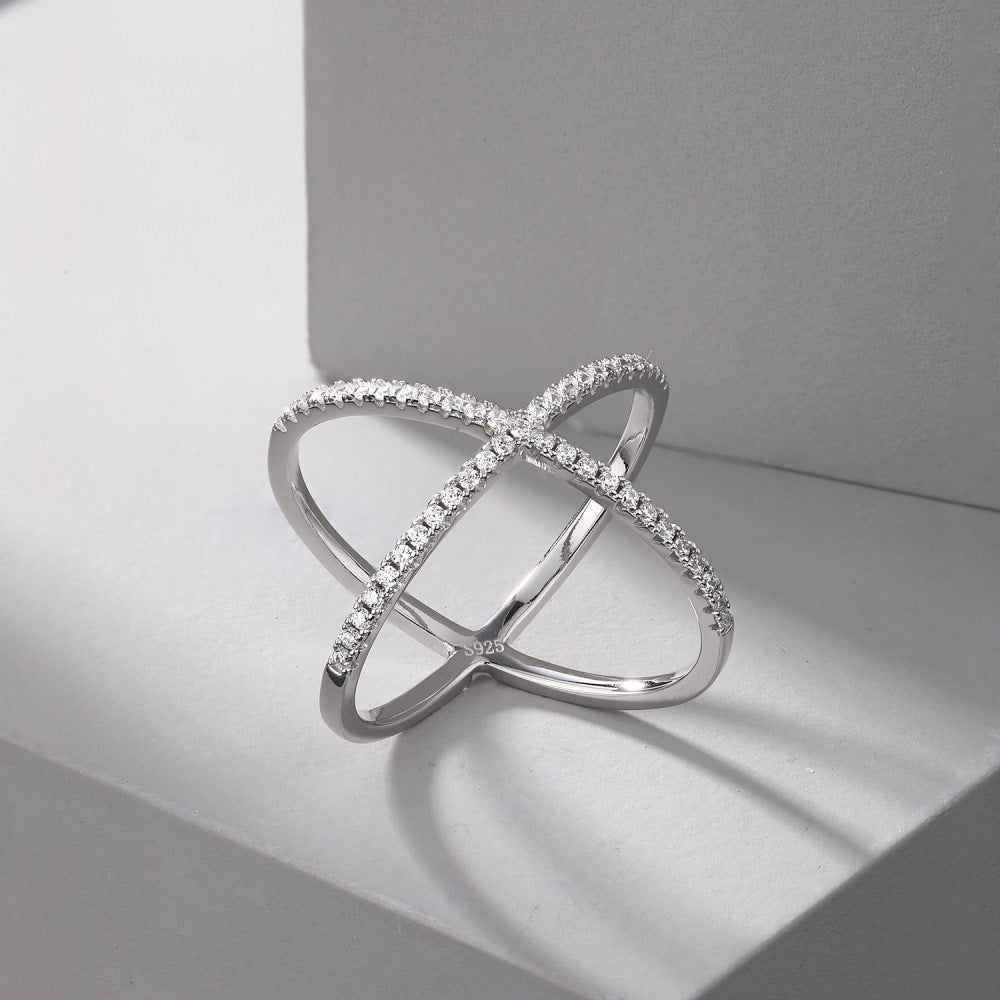 Zirconia Inlaid Cross Geometric Ring, 925 Sterling Silver