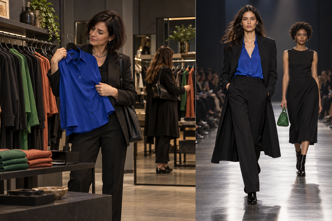 Three black outfits showing blue as a small accessory, a shirt and a longer outer layer. Adapt to the finished image.