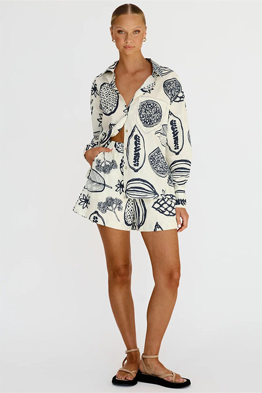 Casual Fruit Print Shorts & Blouse Suit, Spring and Autumn Collection