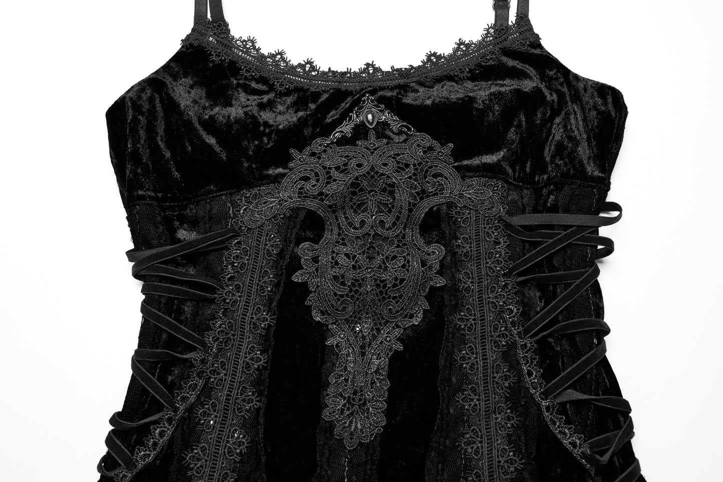 Punk Rave Morrigan Embroidered Velvet Goth Slip Dress in Black