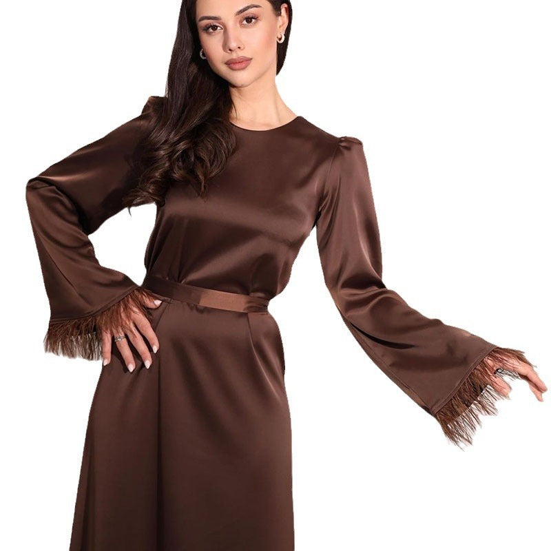 Vireous Round Neck Feather Cuff Elegant Satin Long Dress