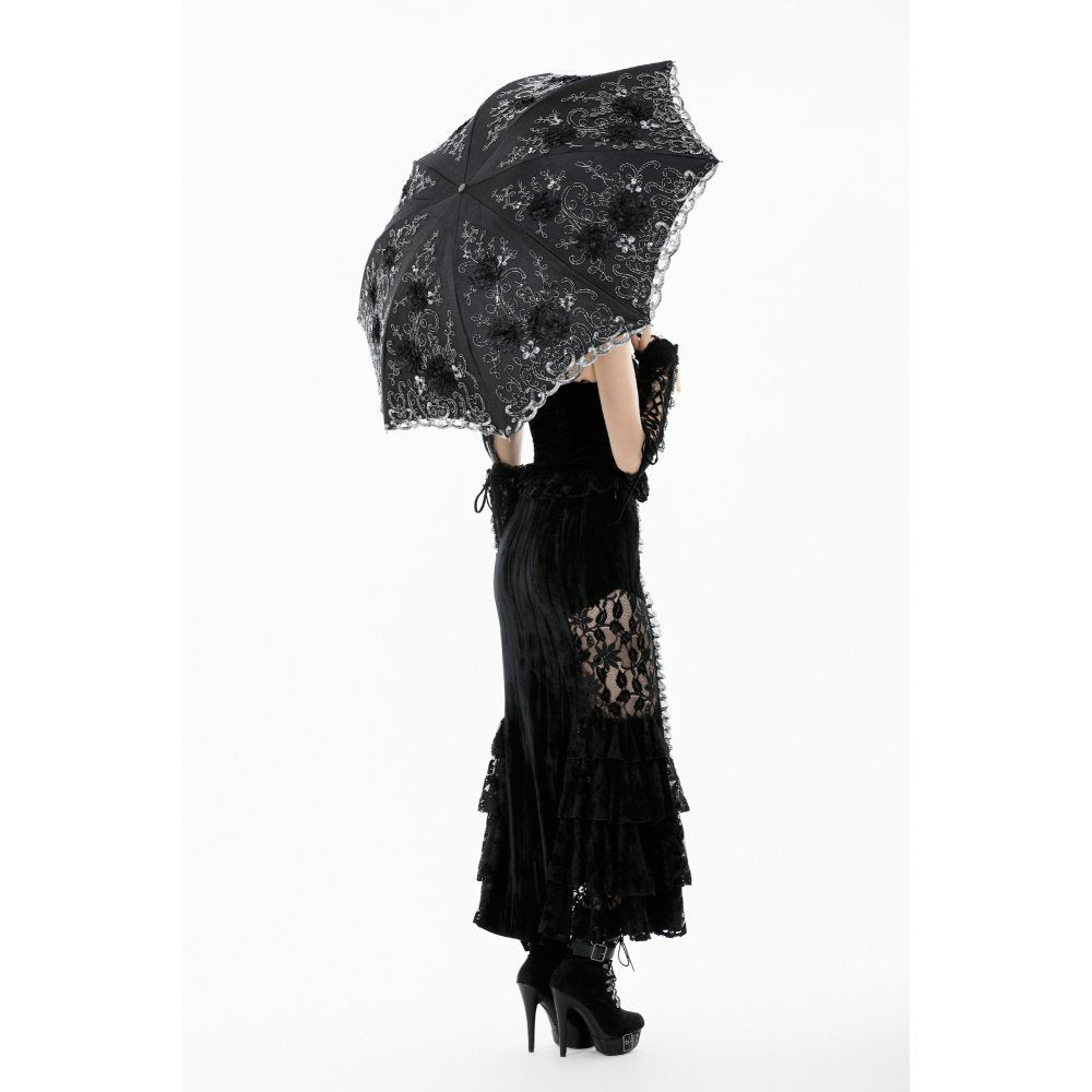 Dark in Love Belladonna Embroidered Folding Parasol in Black