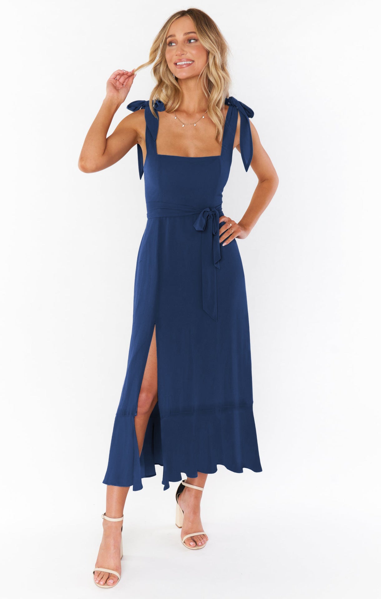 Ruffles Summer Split Dress with Waist Tie Design