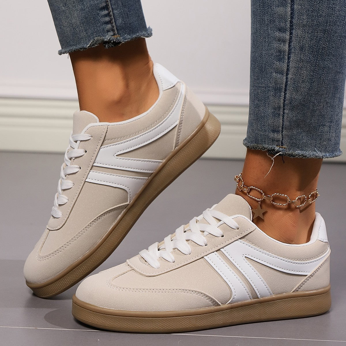 Lace-Up Round Toe Sneakers, Fashion Sports Slip-On Casual Flats