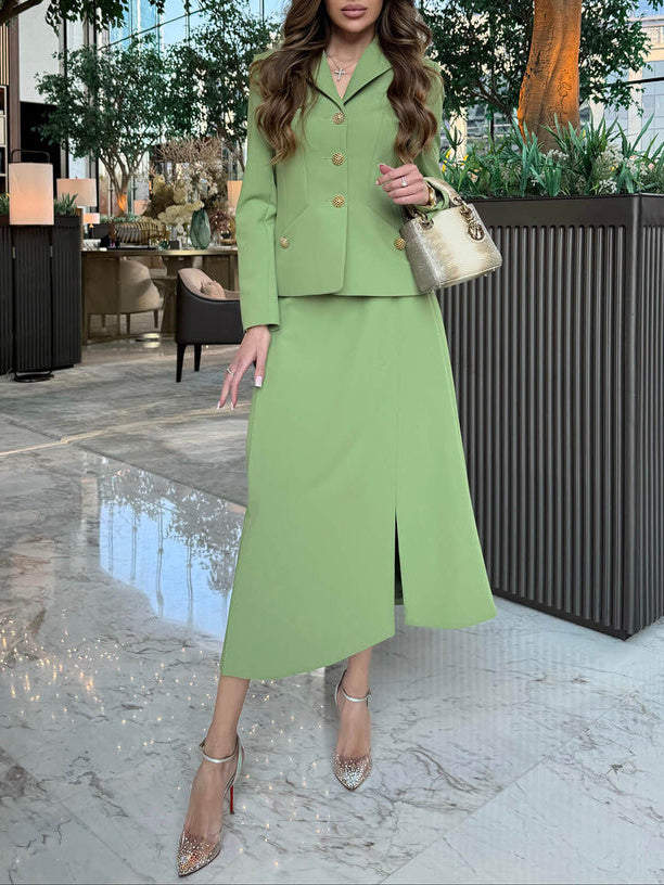 Women's Blazer and Slit Skirt Suit, Avocado Green